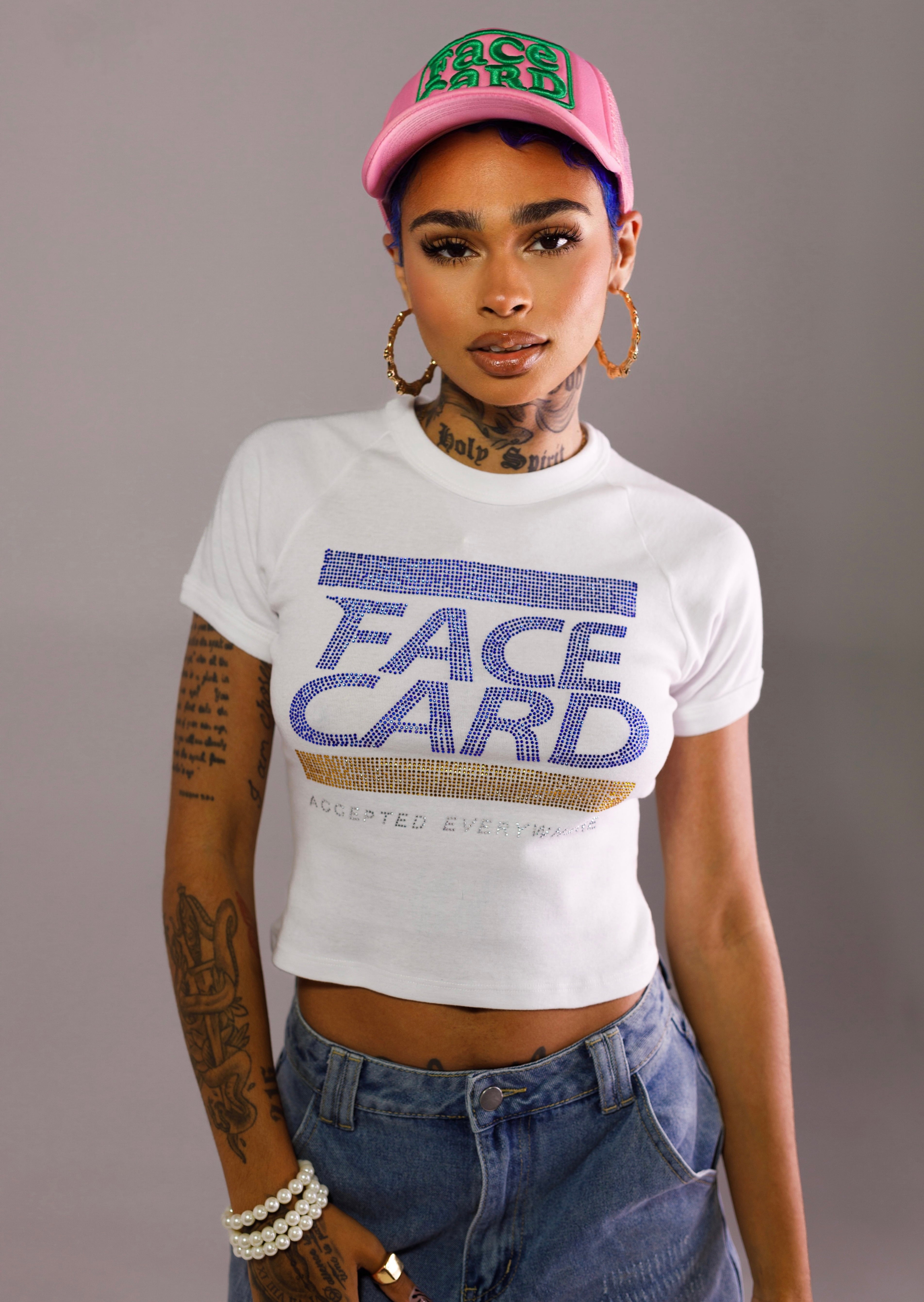 White "FACE CARD" Cropped Shirt
